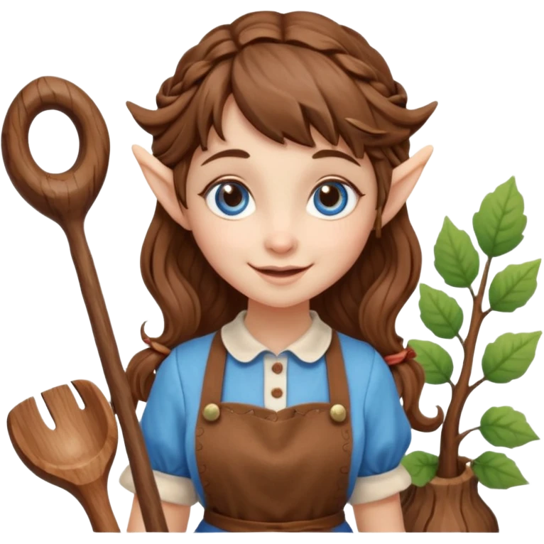 Kind happy whimsical quirky Girl toymaker, wood carving elf. Woodland creator. Blue eyes. brown hair (just below chin length) wavy hair & bangs. Whimsical playful cute emoji