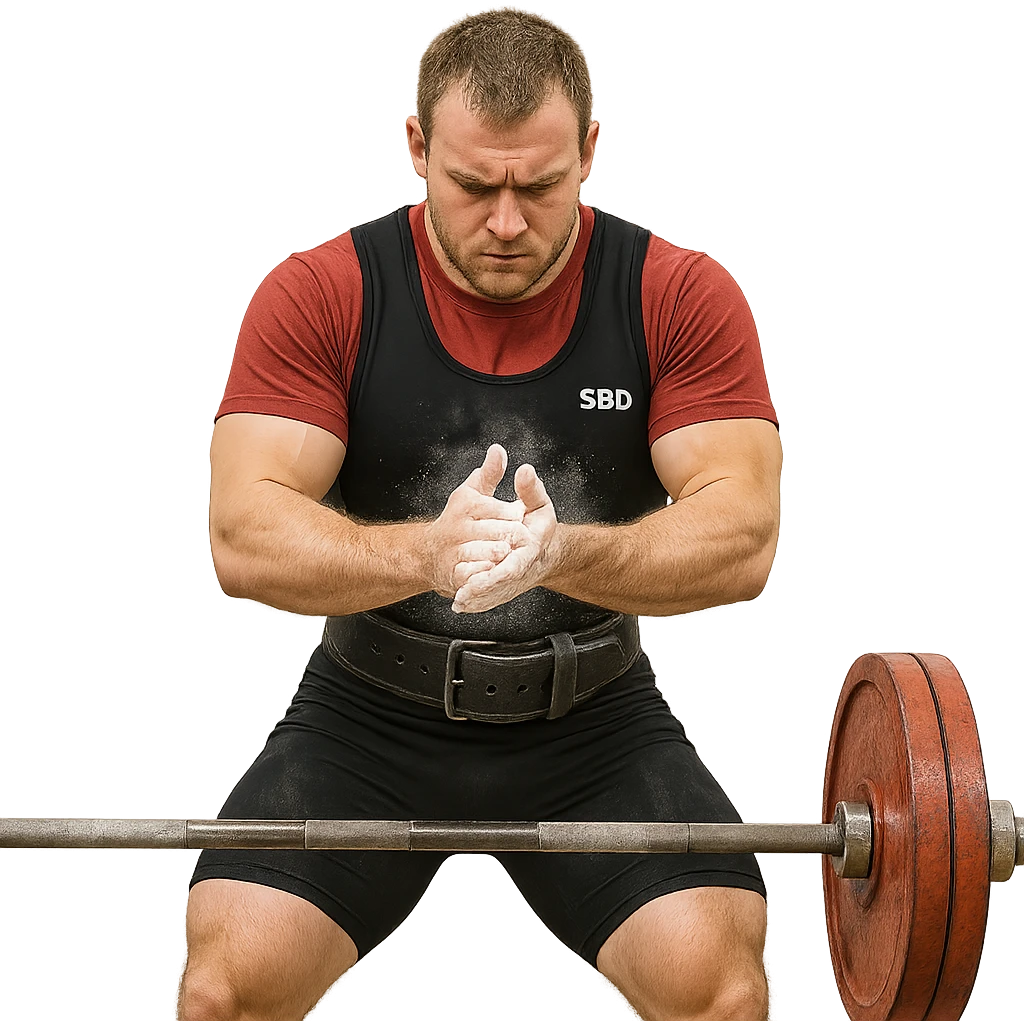 European powerlifter in competition, preparing with chalk on hands, focused look, barbell in front, tense atmosphere, isolated on white background emoji