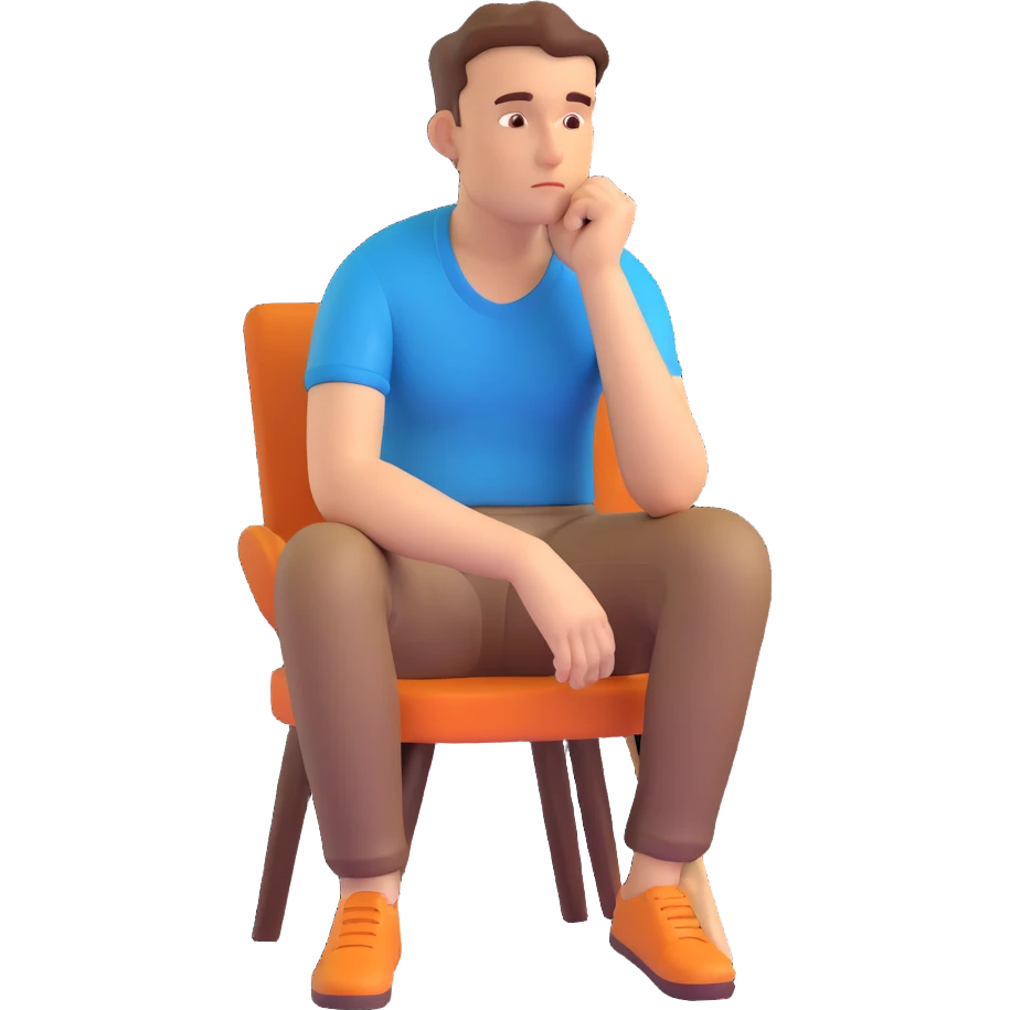 a man sitting and thinking, thoughtful pose, 3D style emoji