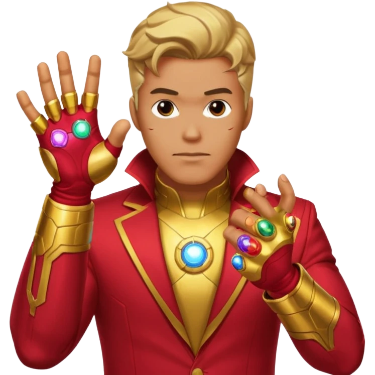 create an ironman with the infinity gauntlet emoji make it look really nice and make him snap his fingers with the infinity stone emoji
