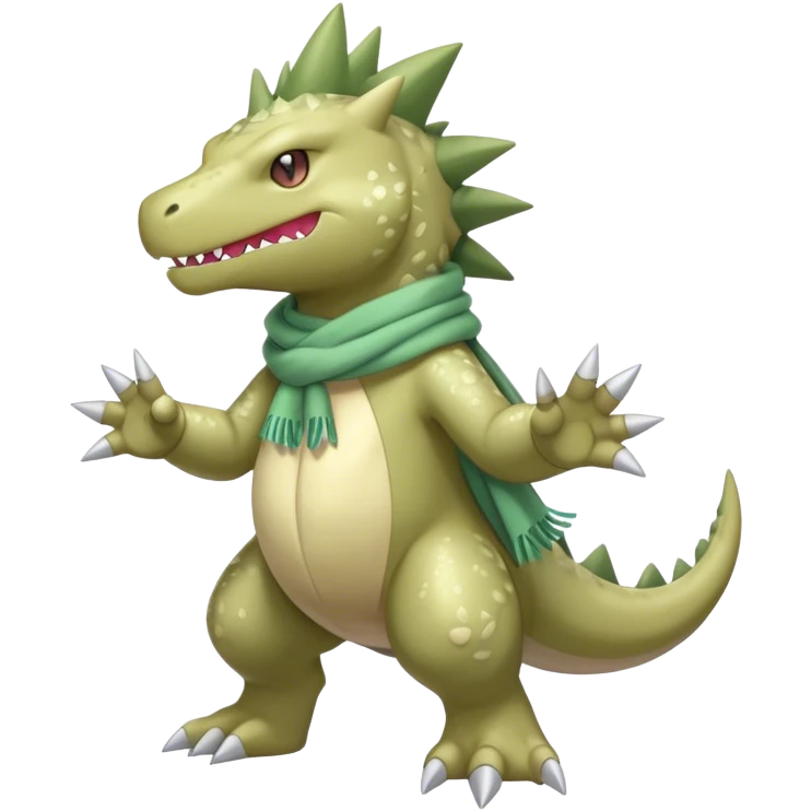 Shiny Cool Sparkly Cute Tyranitar-Fakemon-hybrid-fusion with a scarf full body emoji