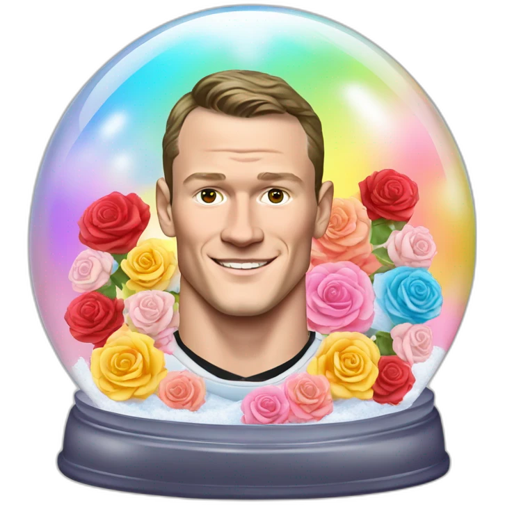 Jonathan Toews inside a rainbow snow globe with pastel roses emoji