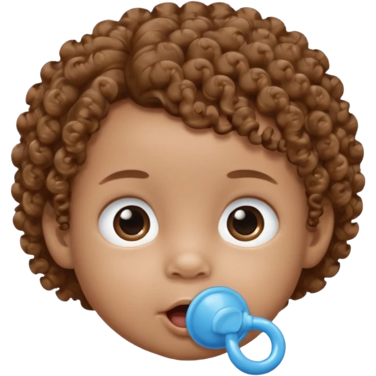A baby with light brown skin, curly light-brown hair, wide brown eyes, and a blue pacifier.  emoji