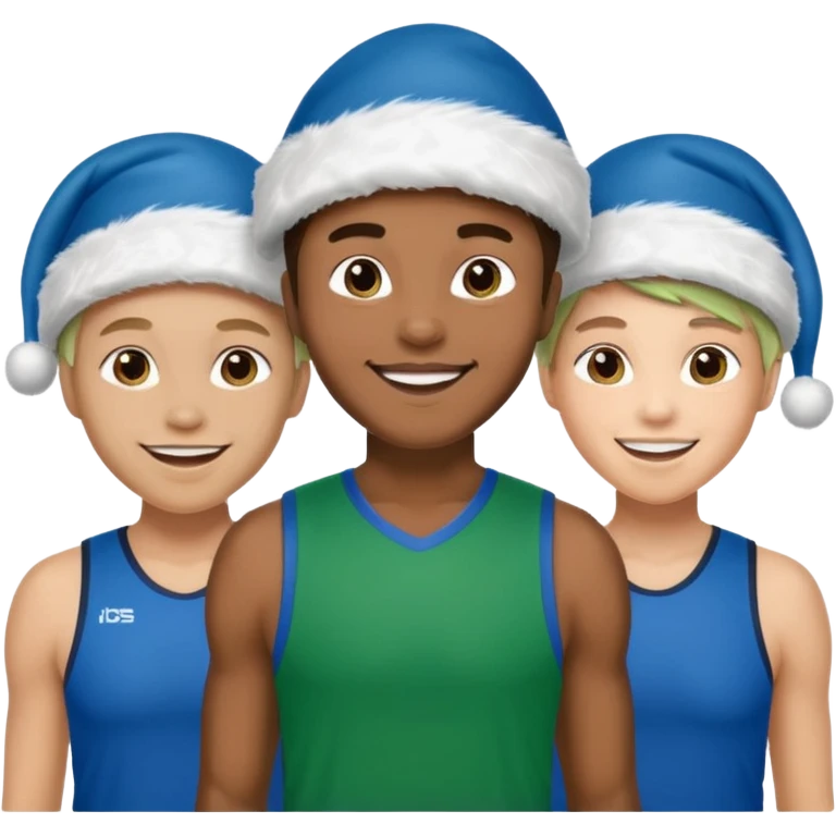 crie a imagem de 3 atletas de modalidades diferentes, usando um chapeu de papai noel das cores verde e azul. emoji