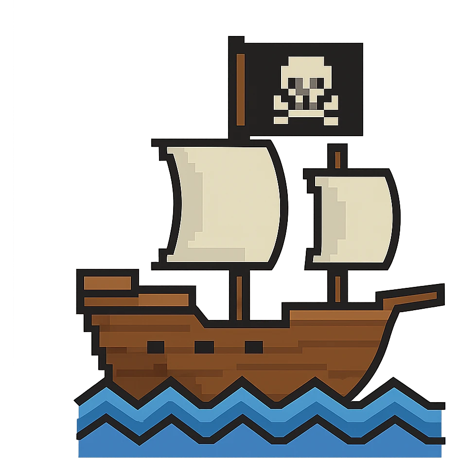 A simple pirate ship sailing on geometric waves with skull and crossbones flag emoji