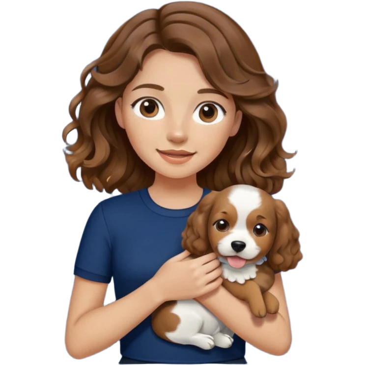 brown haired girl with braces, wavy hair, slightly tan, wearing a navy blue sando or fitted top, holding a dog. emoji