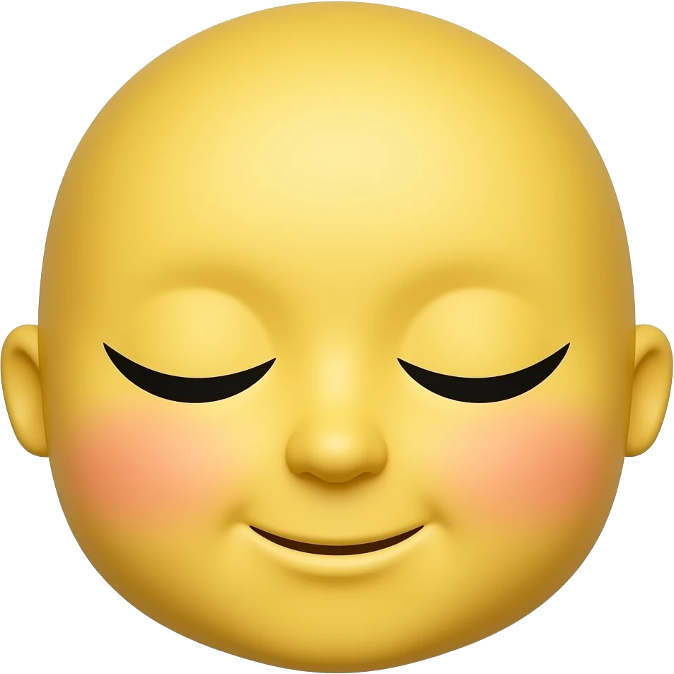 Ich möchte einen gelben Emoji haben, der die Augen geschlossen hat und die einem weiter oben bei der Stirn sind dazwischen. Ein sehr kleiner Mund und Blush über die Nase aber er hat keine Nase. emoji