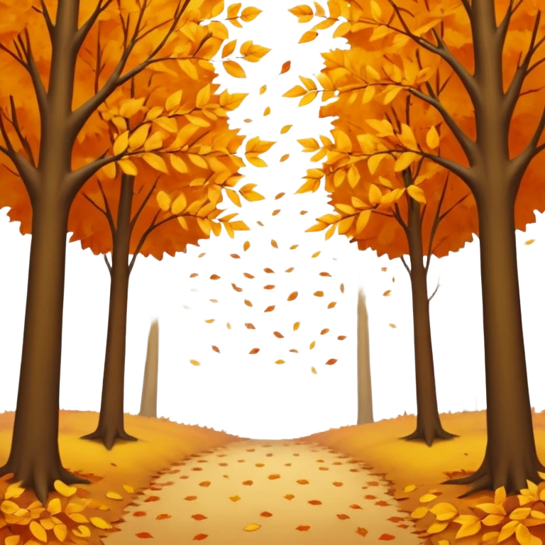 A peaceful autumn scene with golden and orange leaves gently falling from tall trees, soft sunlight filtering through the branches, leaves covering the ground, a gentle breeze in the air, cinematic atmosphere, warm color tones, 4K, ultra detailed, hyperrealistic, dreamy fall season landscape emoji