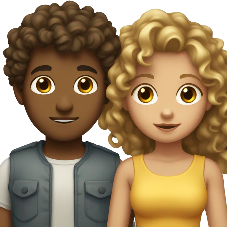 Light browned boy with dark eyes and curly dark brown hair and tanned blonde girl with brown eyes and curly long hair. Together  emoji