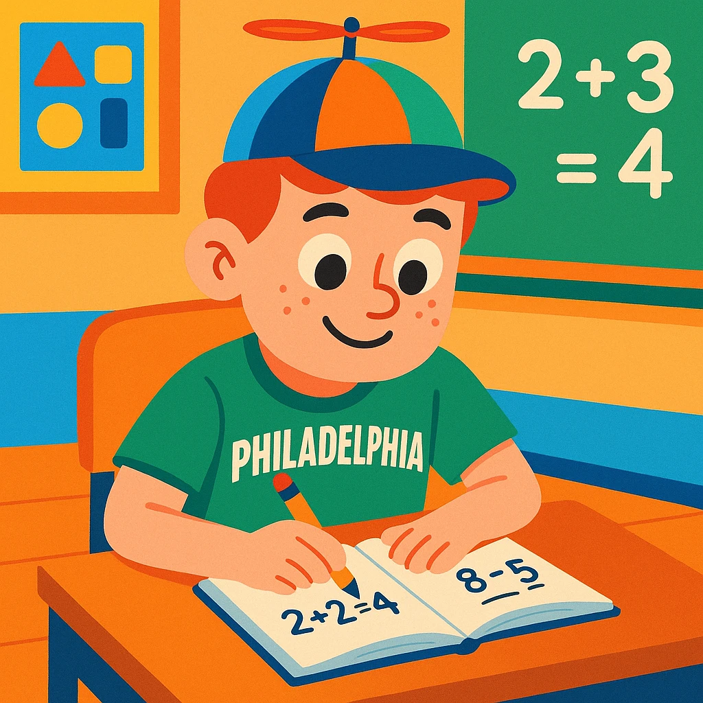 Little Johnny, propellor hat spinning, Philadelphia sports shirt, at a math classroom desk, neatly working, positive and studious atmosphere, colorful and friendly emoji