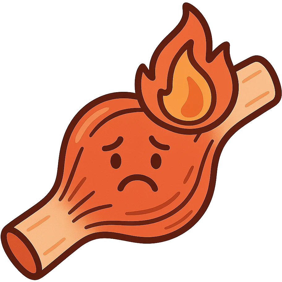 cartoon icon of an inflamed muscle or joint with a fire symbol, sad face, orange-red color palette, medical cartoon style emoji