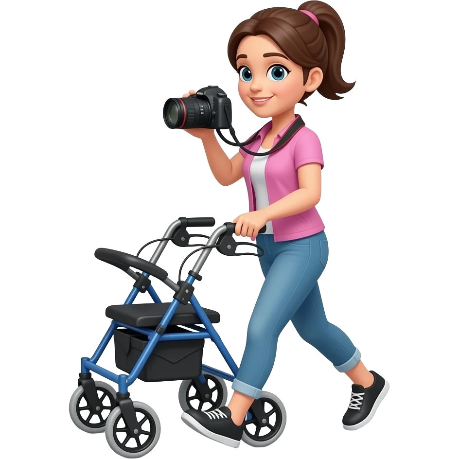 vrouw met fotocamera achter sportieve outdoorrollator lopen emoji