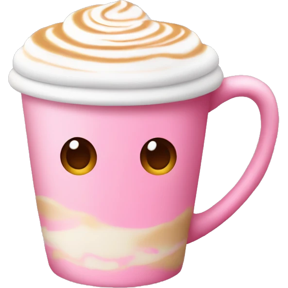 A pink cup of latte with latte art emoji