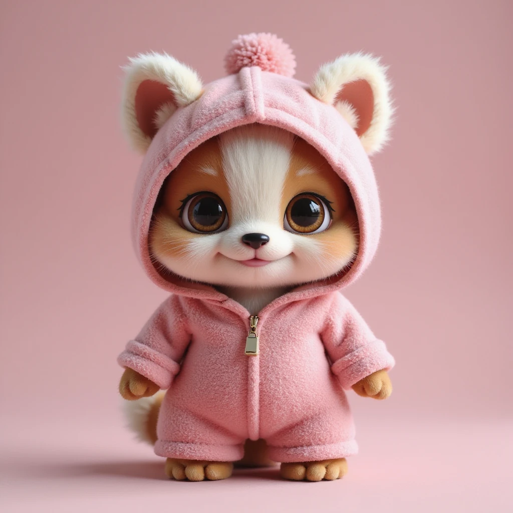 a cute animal in pink clothing, realistic fur and fabric textures emoji