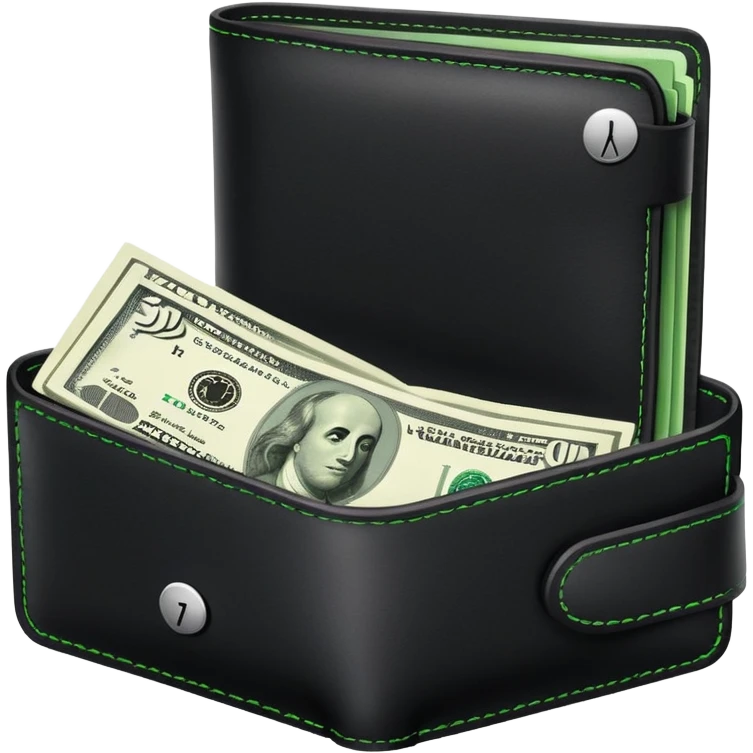 black wallet with green dollar bills visible inside and a small clock in top right corner positioned over the wallet emoji