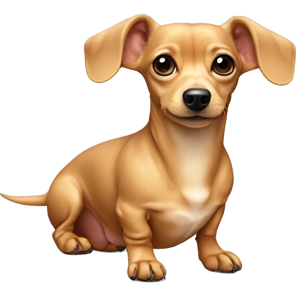 A tan beige dachshund and Chihuahua mix with one ear up and another ear down sitting  emoji