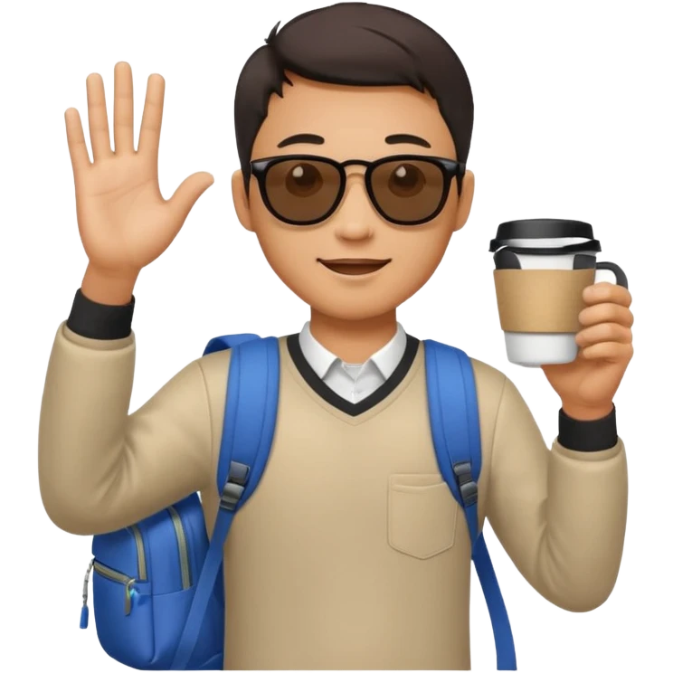 An asian man wearing sunglasses and carrying a backpack, holding a cup of coffee and waving his hand (in greeting) emoji