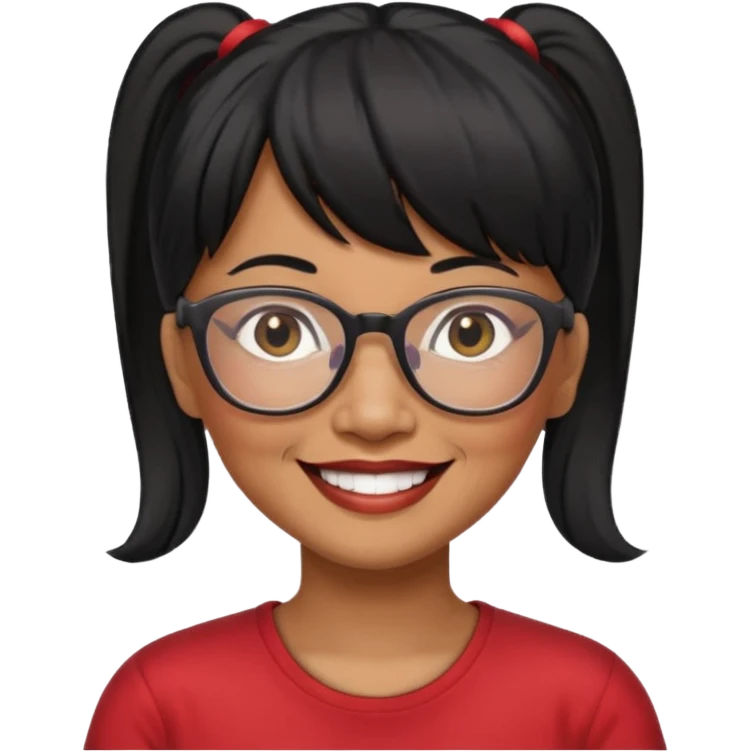filipino woman black hair in one pony tail with straight bangs and big glasses, 60 yr old

 emoji