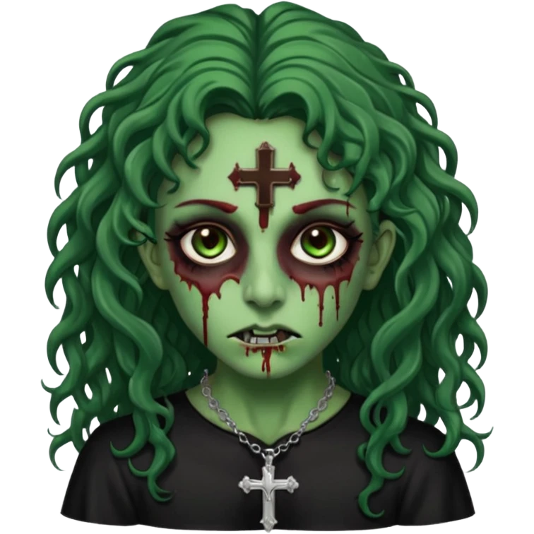 Zumbi verde com olhos castanhos aspecto de que tá sangrando, com cabelo castanho cacheado longo um piercing do lado esquerdo do nariz, roupa preta e crucifixo como colar, e também delineador  emoji