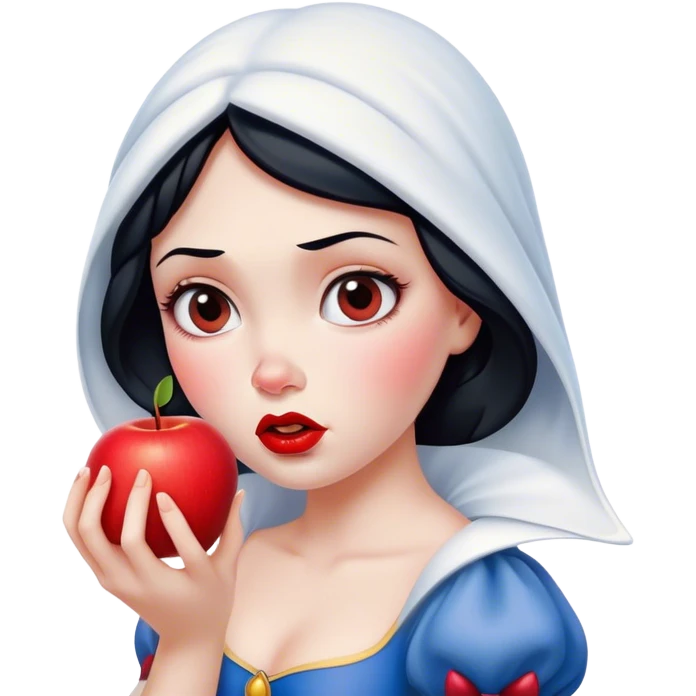 Cinematic Funny Snow White Portrait Emoji, Holding an apple with a suspicious expression, one eyebrow raised, lips pursed as if questioning her life choices, a hilariously relatable fairy tale moment! emoji