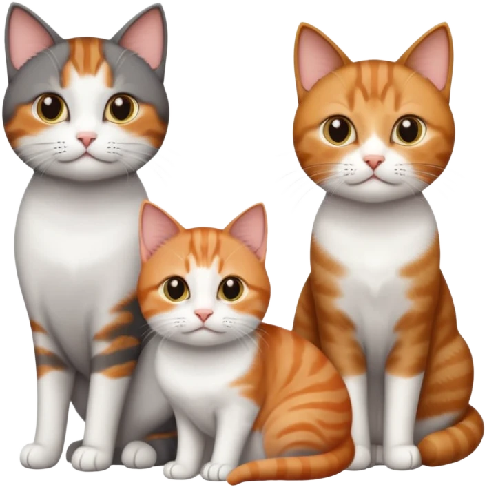 3 different coloured short haired cats, including a dark brown tabby and white cat, and a dark grey and white and a ginger and white emoji