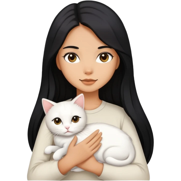 A girl with long black hair holding a white cat emoji