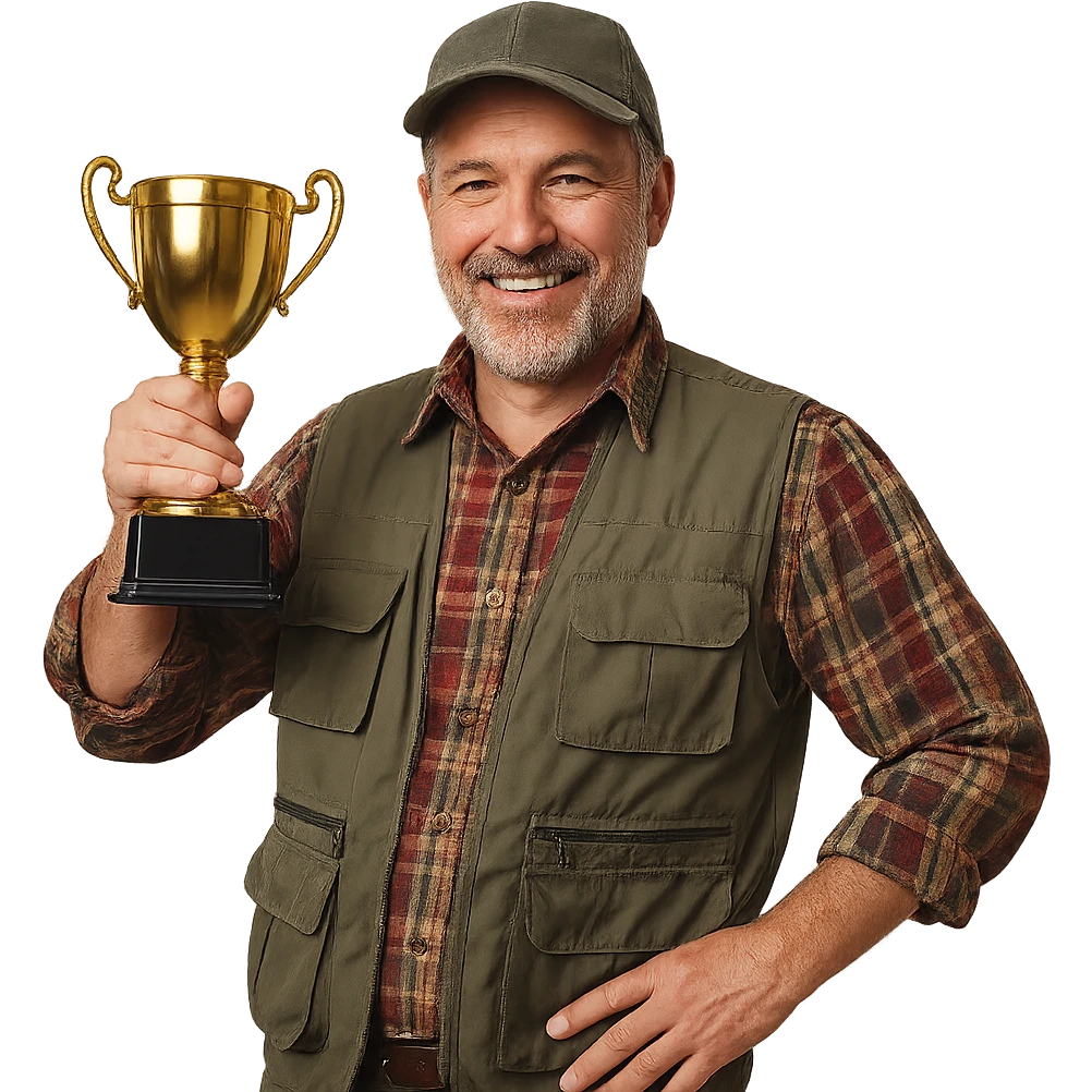 a fisherman proudly displaying a trophy cup, casual fishing attire emoji