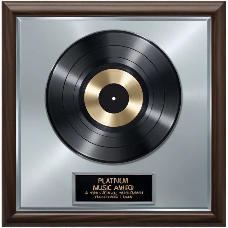 A platinum music award plaque: a square, polished platinum plate with a subtly textured, mirror-like finish, mounted on a simple dark wood base. The center features a relief of a or stylized vinyl record in a slightly darker metallic tone.  emoji