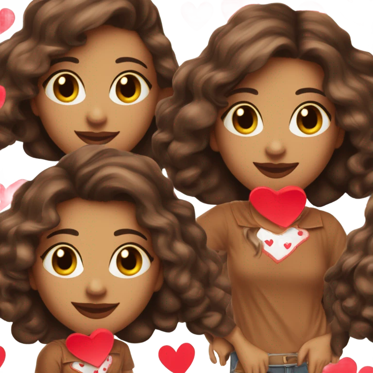 brown lady smiling, medium brown long wavy hair, bright red lips, eyelashes, wearing red “happy Valentine’s Day” t shirt emoji