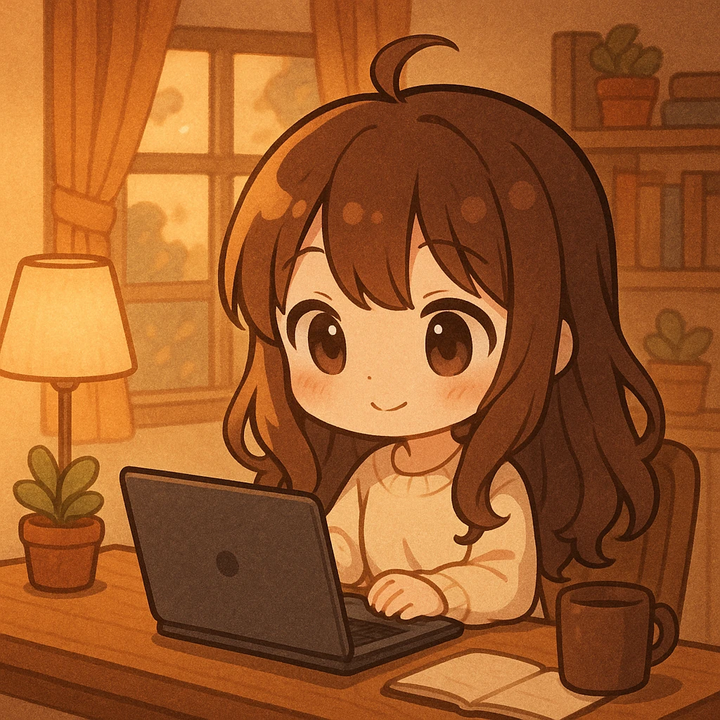 Add a laptop on the desk in front of the chibi girl, keeping the warm atmosphere. emoji