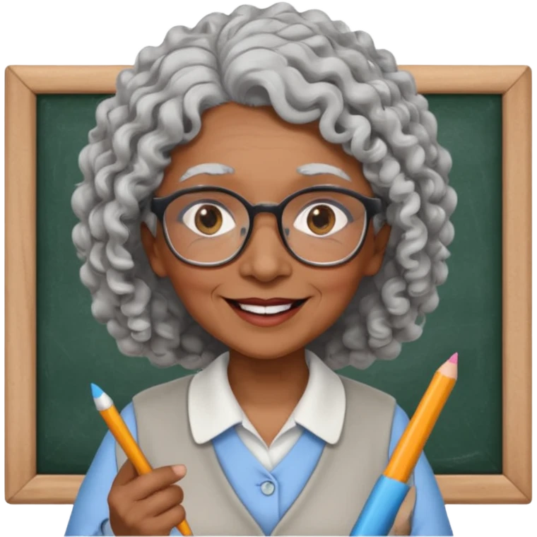 old woman teacher, brown skin, curly grey white hai, wearing glasses, hold chalk on hand emoji