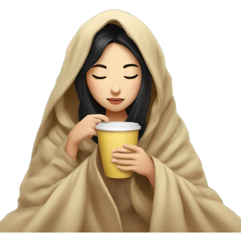 Asian girl inside a blanket sipping coffee eyes closed black hair emoji