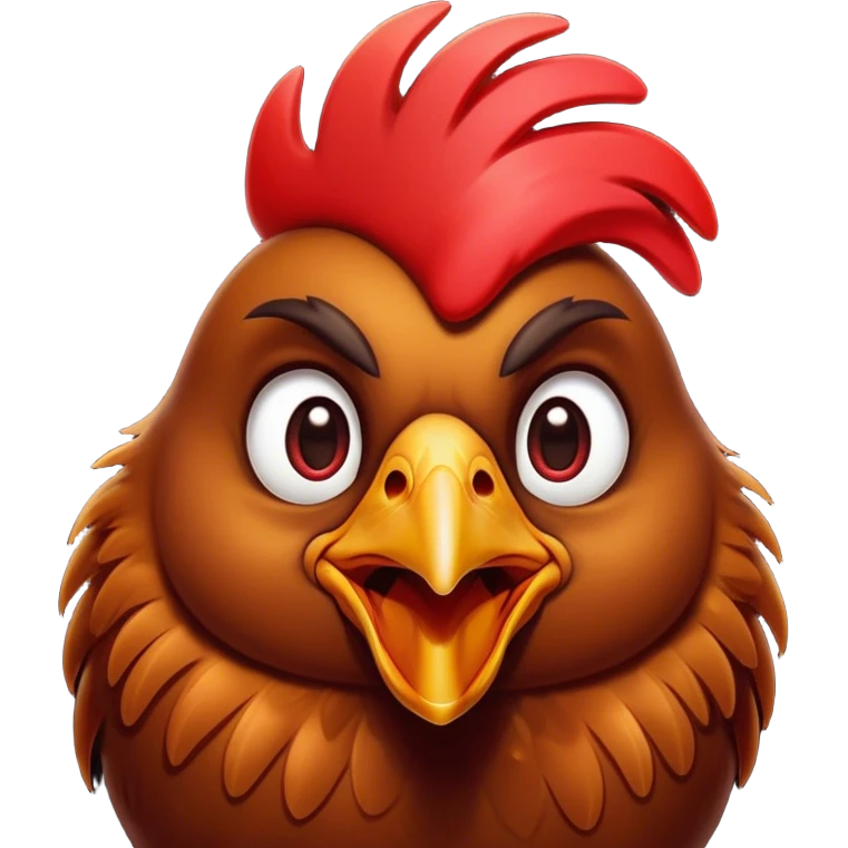 Cinematic Comical Brown Chicken Portrait Emoji, Head tilted dramatically with an exaggeratedly amused expression, featuring a striking, glossy brown plumage with a vibrant red comb, wide, expressive beady eyes filled with playful disbelief, Simplified yet hilariously expressive features, highly detailed, glowing with a slightly sassy glow, high shine, dramatic yet playful, stylized with an air of cheeky mischief, bright and endearing, soft glowing outline, capturing the essence of a spirited and over-the-top chicken, so meme-worthy it feels like it could cluck its way into internet fame instantly! emoji