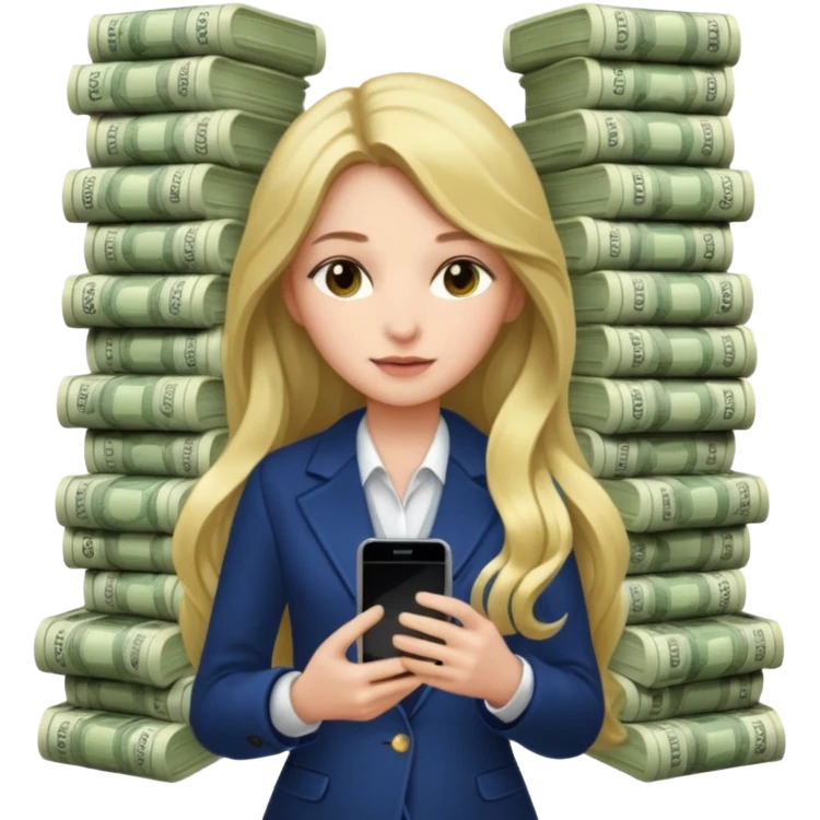 Девушка одета роскошно, в руках айфон, вокруг много денег, прям мешки денег  emoji