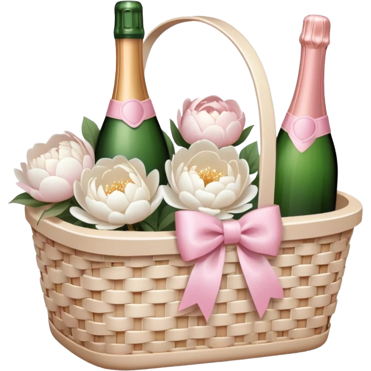 White Picnic basket with light pink bow and white peonies and a pink champage bottle inside emoji