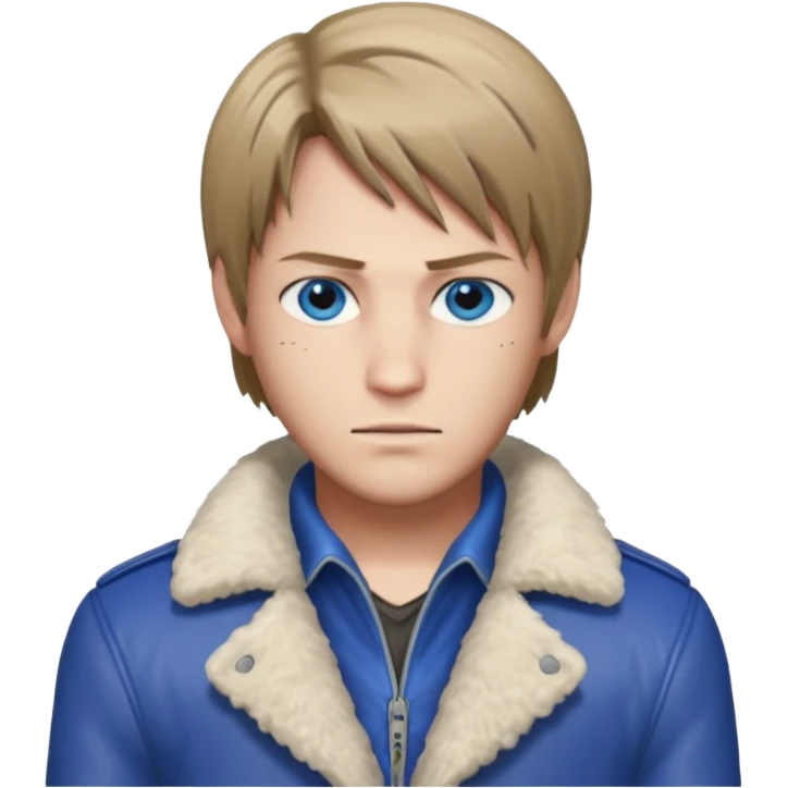 Leon Kennedy from resident evil 4 remake in sheepskin coat with blue eyes emoji
