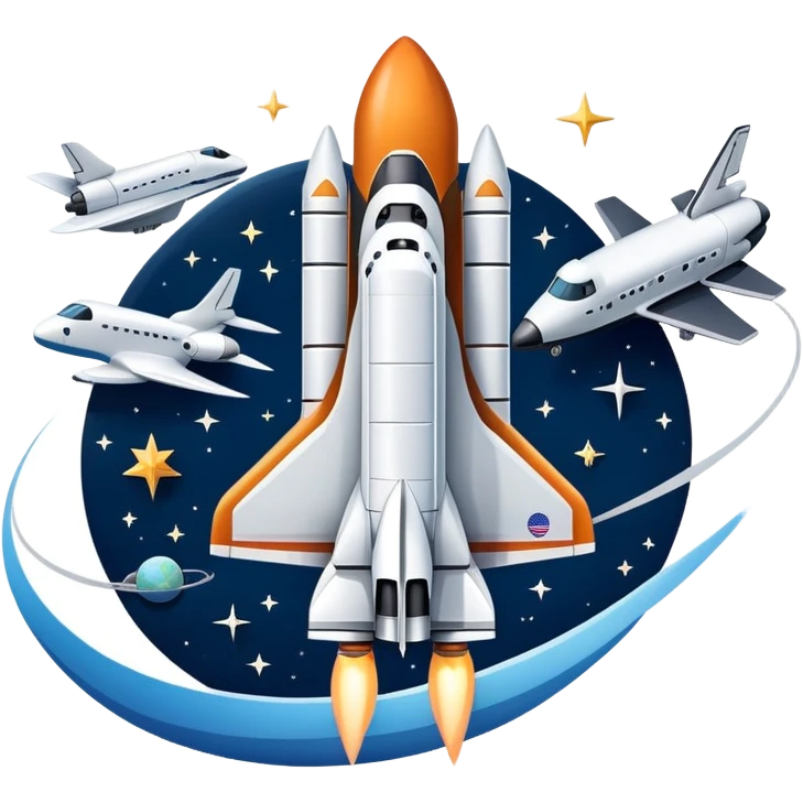 An icon featuring a space shuttle and an airplane against a starry sky, symbolizing aerospace technology. The design includes rocket boosters and satellite orbits, representing the exploration of space and advanced aviation. Transparent background emoji
