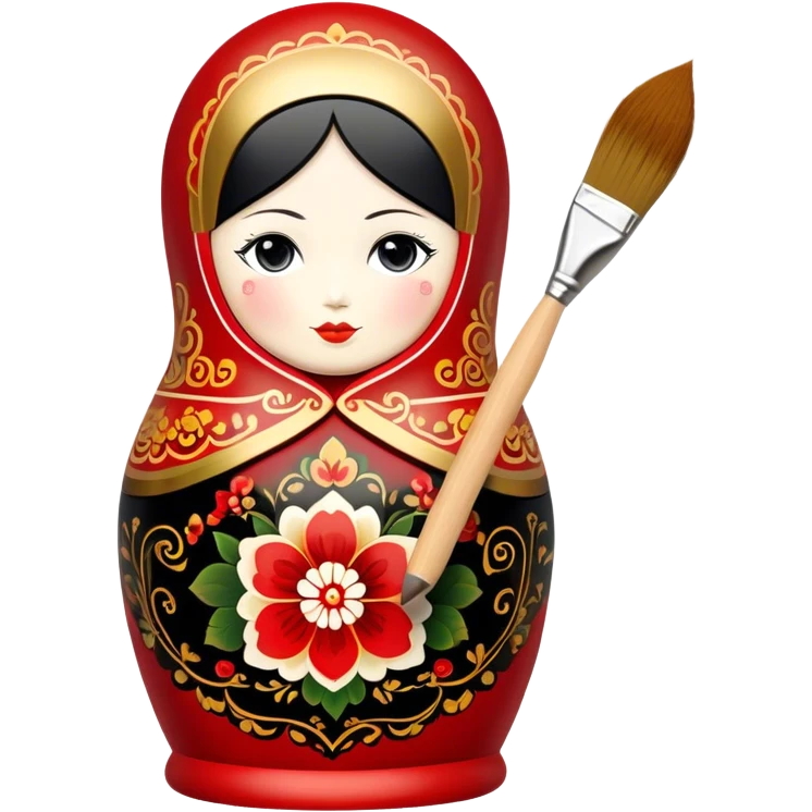 Wooden doll painting icon, traditional Russian Matryoshka doll being painted with intricate Palekh or Khokhloma designs, visible paintbrush, vibrant red, gold, and black colors, unfinished doll with detailed patterns in progress, minimalistic style, clean lines, transparent background. emoji