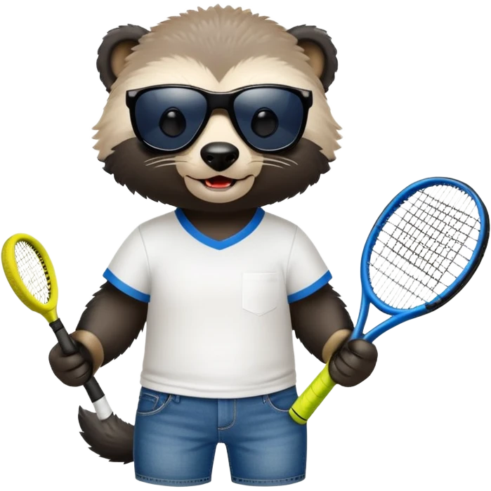 mischievous anthropomorphised honey badger in jeans and a t-shirt, wearing sunglasses, holding a tennis racket emoji