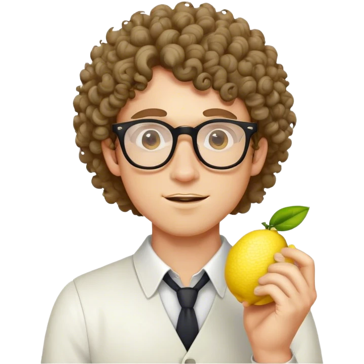 Dorky guy with glasses and curly hair holding a lemon emoji