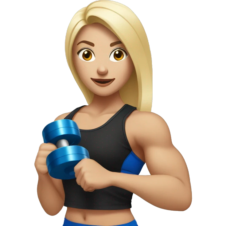 blonde woman working out with a black tank top and a blue shorts and she is holding a dumbell emoji