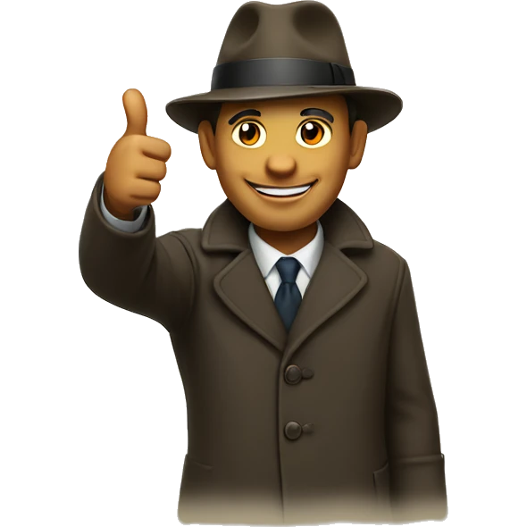 a  man in a hat and overcoat showing a thumbs up emoji