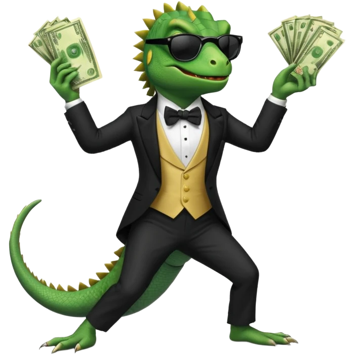 capitalist iguana banker in tuxedo and black sunglasses dancing crazy with money emoji