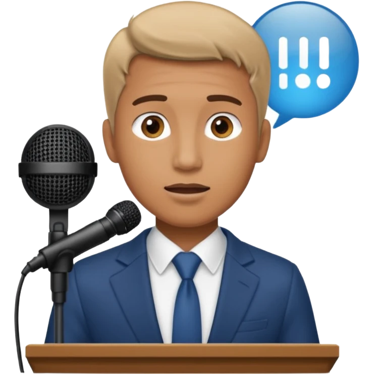 A man speaks into a microphone, and there is a prompter screen in front of him. emoji