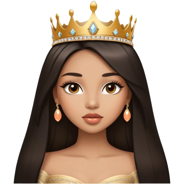 Glamourous princess, light brown skin tone, very beautiful girl, with big plump peach-beige lips, long long lashes, black straight smooth silky long hair, straight parting hair, brown eyes, gold tiara emoji