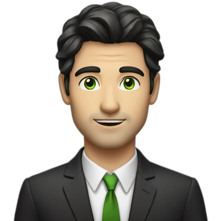 a man with long dark hair in a suit, green eyes emoji