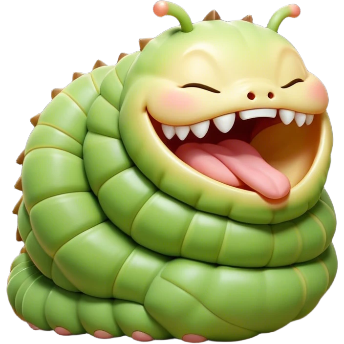 Cinematic Adorable Yawning Caterpillar Portrait Emoji, Head tilted slightly with a dramatic, wide-open yawn, showcasing a plump, segmented body with softly drooping edges and sleepy, half-closed eyes, Simplified yet irresistibly cute features, highly detailed, glowing with a soft, cozy natural glow, high shine, relaxed yet expressive, stylized with a dash of whimsical transformation charm, soft glowing outline, capturing the essence of a drowsy caterpillar that appears ready to stretch and yawn its way out of the screen! emoji