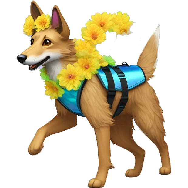  brindle fluffy lurcher Alsatian fox running blue eyes fluffy ears and iridescent holographic oilslick harness wearing paper flower crown yellow caution tape neon sign emoji