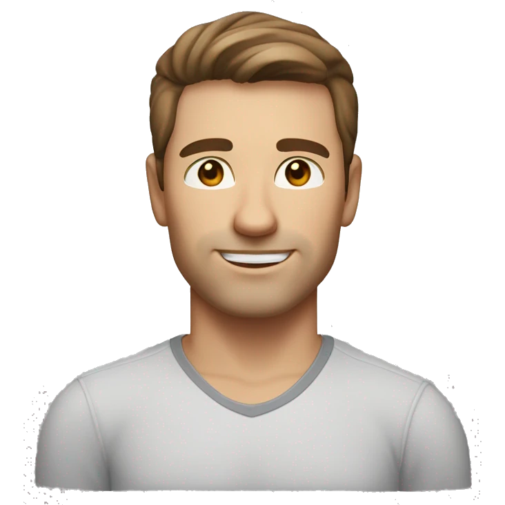 A head and shoulders shot of a 33 year old Caucasian man, with short brown hair,   with brown eyes wearing a t-shirt. emoji