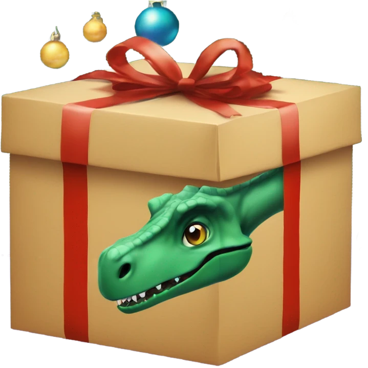 Dinosaur peering over the top of Christmas Present emoji